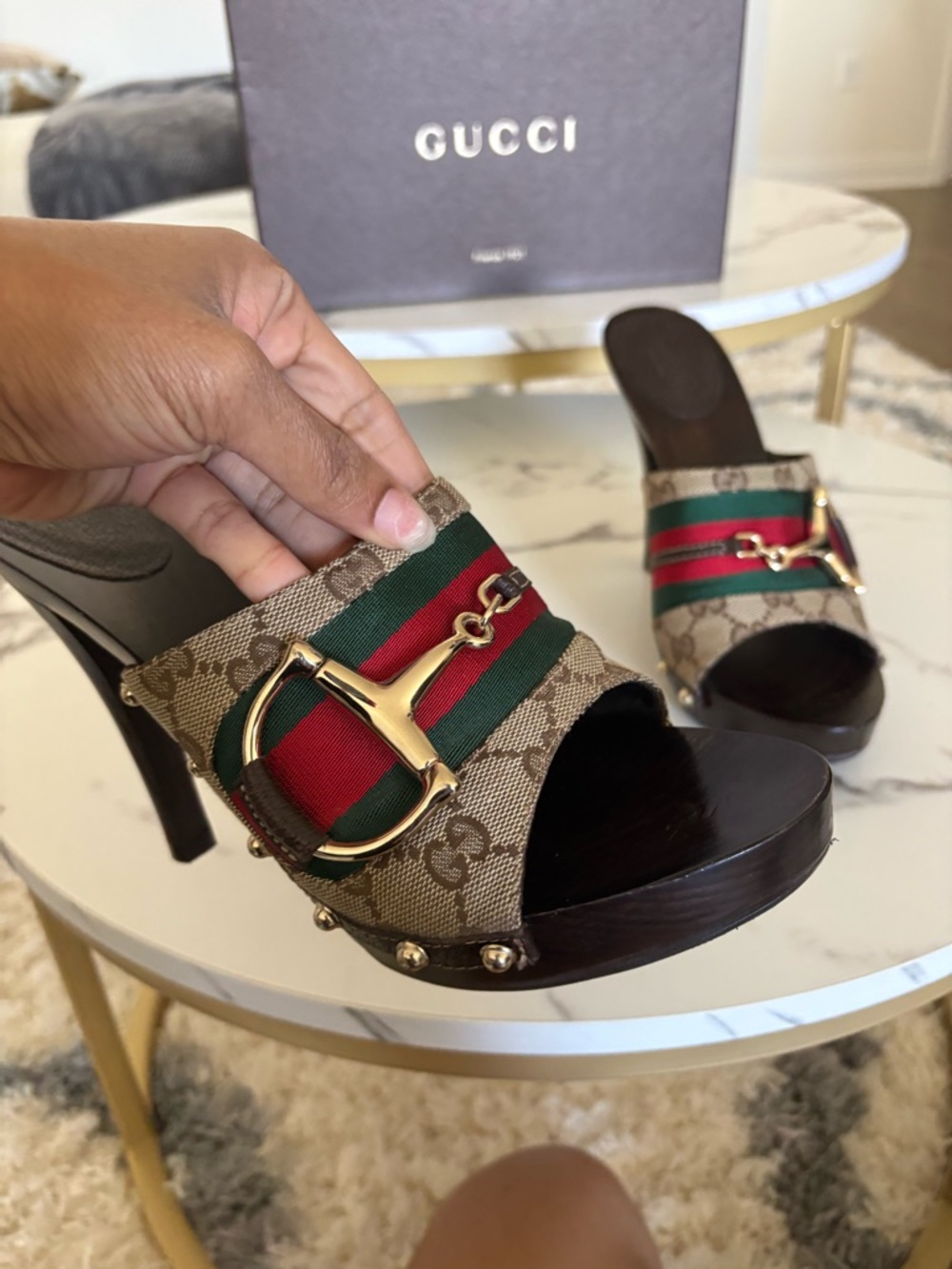 Gucci Brown GG Canvas Wood Platform Slides with Red and Green Web - Picture 10 of 16